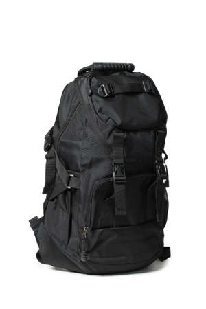 Black travel backpack isolated on white backgroundの写真素材
