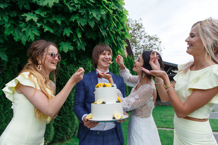 Newlyweds and bridesmaids have fun and eat wedding cake together in the fresh air on wedding...