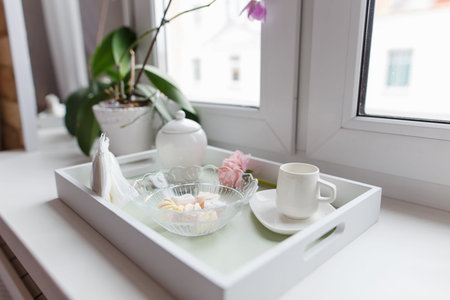 Tray with fresh Breakfastの写真素材