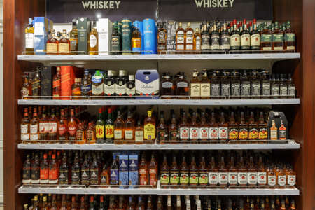 Berestovitsa, Belarus - August 09, 2019: Shelves with alcoholic beverages in the duty free shop Bela Market Duty Free.のeditorial素材