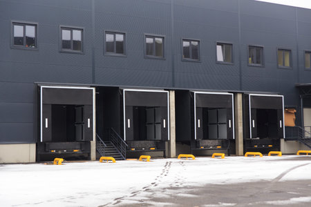 A distribution warehouse with cargo doors for loading goods 