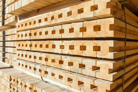 Piles of wooden boards in the sawmill, planking. Warehouse for sawing boards on a sawmill outdoors....