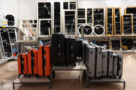 Grodno, Belarus - April 07, 2021: Interior of JYSK store in mall Triniti. Department for the sale of mirrors and suitcases.のeditorial素材