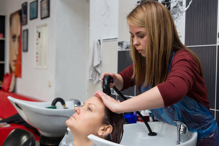 Grodno, Belarus - October 20, 2016: Participants of the seminar dye the hair of a model on advertising workshop of Keune brand in the beauty salon Kolibri.のeditorial素材