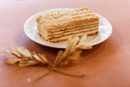 Piece of cake Napoleon on white plate decorated with dried twigs. Russian cuisine, layered cake with...