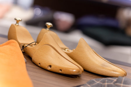 New wooden shoe forms or mold for making shoes on a shelf in men shoes boutique.の写真素材