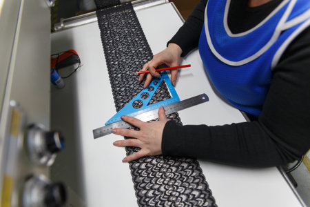 A female employee performs visual quality control of the lace ribbon before using it in the...