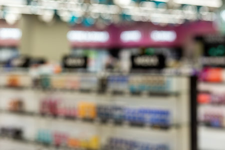 Blurred image a beauty stores with variety of prestige and mass cosmetics, makeup, fragrance, skincare, bath and body, hair care tools and salon, nails, tools and brushes products on display in Grodno, Belarusの写真素材