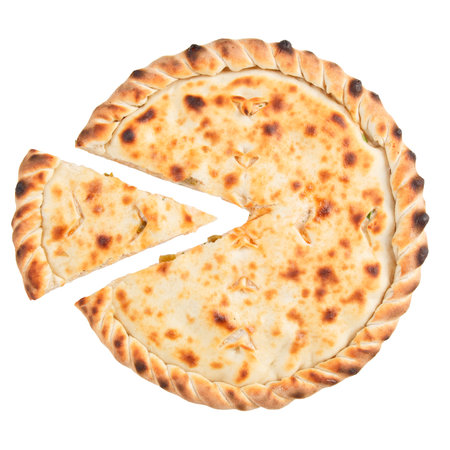 Side view of homemade dietary ossetian pie with salmon and cheese isolated on white. Top view.の写真素材