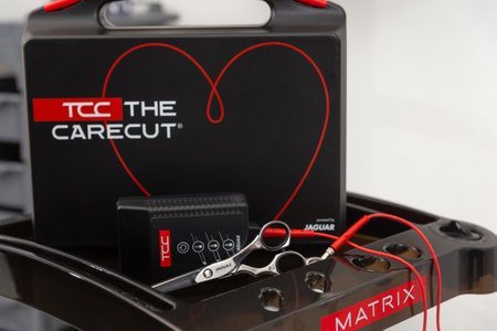 Grodno, Belarus - January 27, 2022: A box with Jaguar TCC The CareCut thermal scissors in the Beauty Box beauty salon. These hot scissors gently seal the tip of each hair as you cut, locking in moisture, nutrients and colour pigments.のeditorial素材