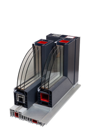 Sample of modern PVC triple-glazed window in the section. Isolated on white background.の写真素材