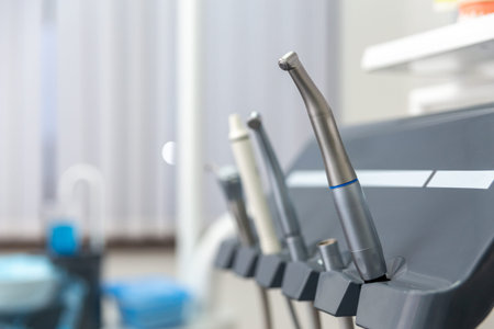 Closeup of a modern dentist tools, burnishers. Tools and drills in the dental office. The concept of...