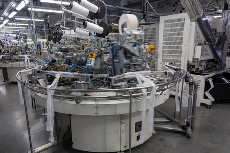 Robotic Arm in Action. Hosiery Manufacturing. Robotic arm working on factory assembly line.Industrial Mechatronics. Automated Production in Factory. Tights Manufacturing Workshop. Industrial Robot.の写真素材