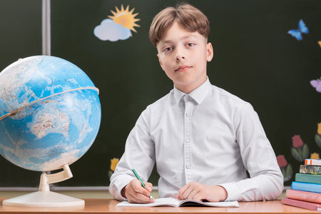 A beautiful happy schoolboy is sitting at a desk on the background of a blackboard with stickers