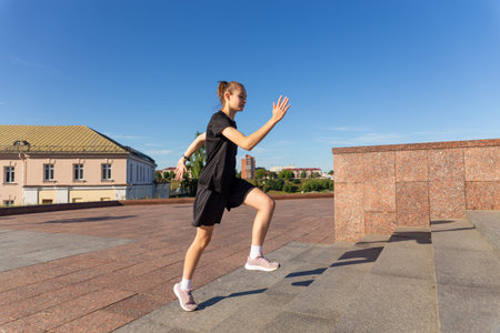 A young woman in black clothes running on stairs at city street early morning.