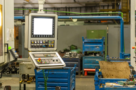 Modern industrial control panel with a keyboard and touch screen. Industrial, electronic, technology...