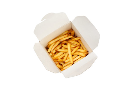 French fries in a brown kraft paper box isolated on a white backgroundの写真素材