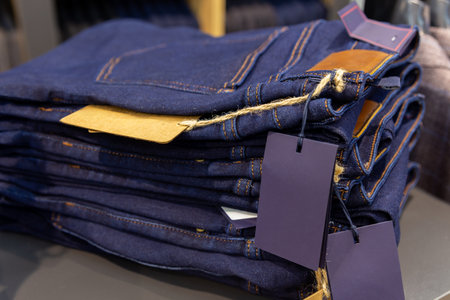 Close up denim jeans stacked in shop. Jeans a stack of folded pairs of blue pants on a shelf.の写真素材