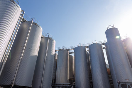Brewery silos or tanks typically use for storing barley or fermented beer. Outdoor brewery equipment...