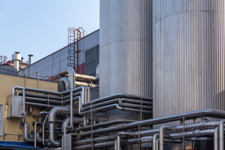 Brewery silos or tanks typically use for storing barley or fermented beer. Outdoor brewery equipment...