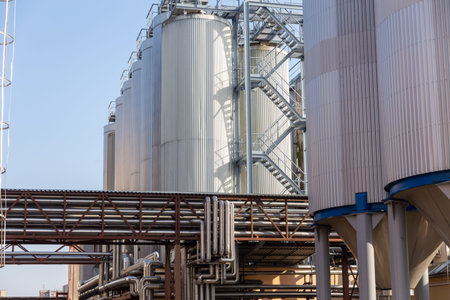 Brewery silos or tanks typically use for storing barley or fermented beer. Outdoor brewery equipment...