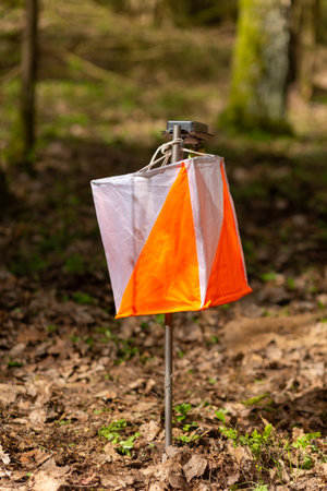 Orienteering. Control point Prism and electric composter for orienteering in the spring forest. Navigation equipment. The conceptの写真素材