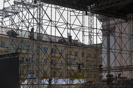 Metal construction of mobile concert stage. Music festival equipment and staging with led panels.