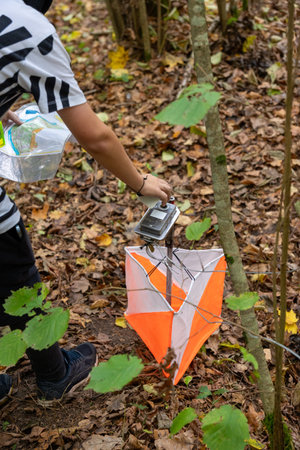 A man punching at the orienteering control point close up. Male in forest checking to a control point. Selective focusの写真素材