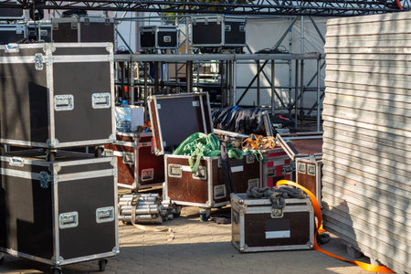 Stage equipment before the concert. Boxes with concert equipment: speakers, lighting, amplifiers,...