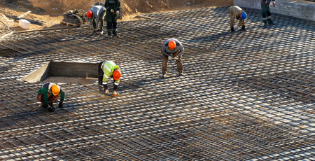 Brigade of builders knit fittings for pouring concrete. Workers installing binding wires to...