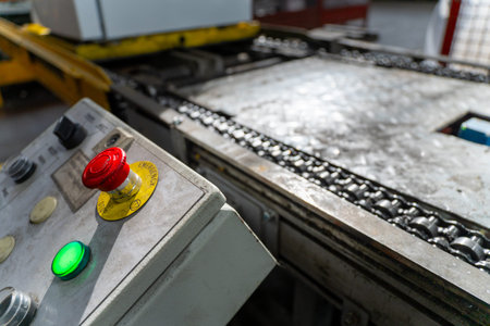 Emergency Stop installed at line conveyor in refrigerator manufacturing plant. START - STOP button...