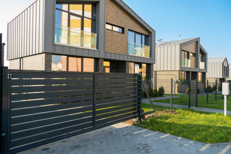 A newly constructed modern townhouse with a private fenced yard and an automatic sliding gate...
