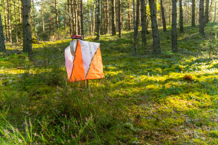 A prism marker and electronic composter at an orienteering control point in a sunlit pine forest. Outdoor sport, navigation, and eco-friendly concept.の写真素材