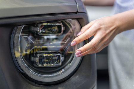 A close-up shot of a woman's hand touching a modern car headlight with a futuristic, multi-cube design, highlighting the vehicle's technology, style, and innovation.の写真素材