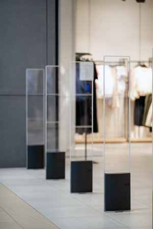 Radio-frequency security gates with integrated metal detector at a clothing store entrance, a modern anti-theft and electronic article surveillance solution.の写真素材