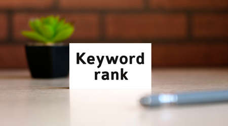 Keyword rank - text of business concept on white list and with pen and a black pot with a flower behindの写真素材