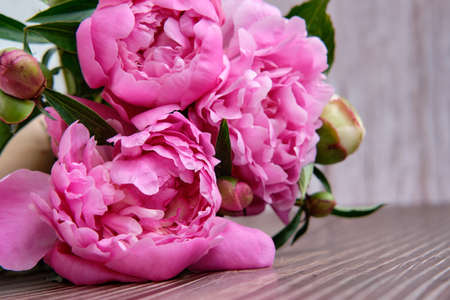 A bouquet of pink peonies on a dark wooden background flowerの写真素材