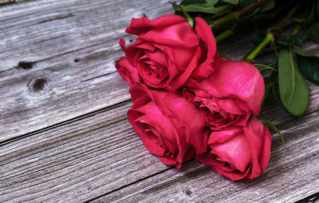 Red pink bouquet of roses on a wooden background with a place for textの写真素材