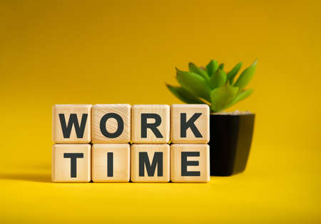 WORK TIME - text on wooden cubes, green plant in black pot on a yellow backgroundの写真素材