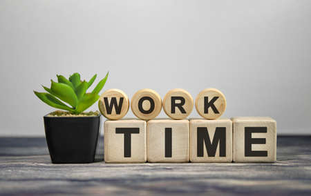 WORK TIME - text on wooden cubes, green plant in black pot on a wooden backgroundの写真素材