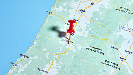 Eugene, OR, USA on a map showing a colored pin