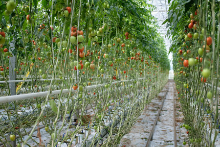 Growing tomatoes in a hydroponic greenhouse with natural light. Green tomato leaves with growing...
