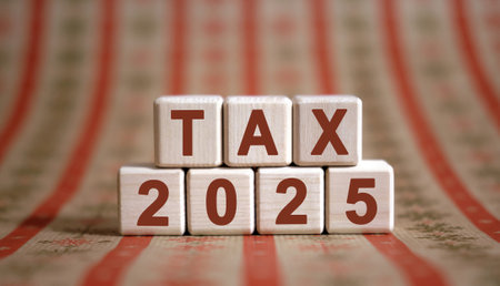 Numbers 2025 and text Tax on cubes on a ornament backgroundの写真素材