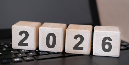 2026 concept. Wooden cubes on a computer keyboard