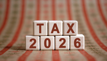 Numbers 2026 and text TAX on cubes on a ornament backgroundの写真素材