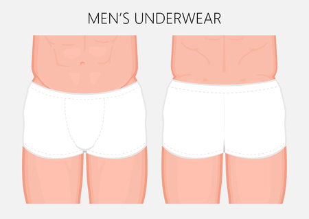Vector illustration of European man in underwear. Front and back view. For advertising and print on underclothes tags. Close-up view. EPS 10.のイラスト素材