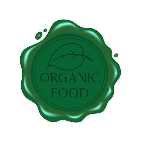 Vector illustration. Round green wax seal with a leaf and labeled organic food. Isolated on white background. For packaging design for natural products. EPS 10.のイラスト素材