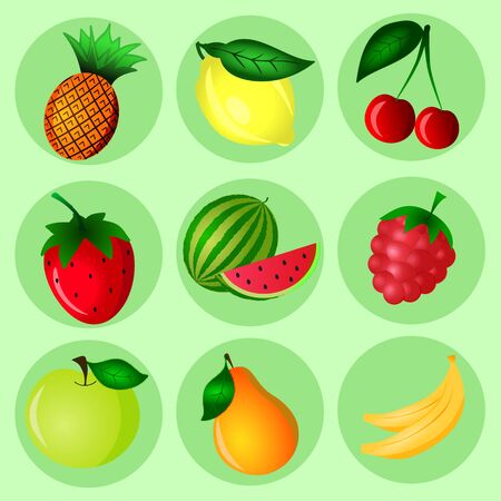 Hand Drawn color fruit set. Set of various colorful hand draw fruits. Doodle fruits. Fruits flat icons set.のイラスト素材