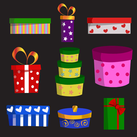 Set of different gift boxes with ribbons and bows. Flat design. Vector illustration on black backgroundのイラスト素材
