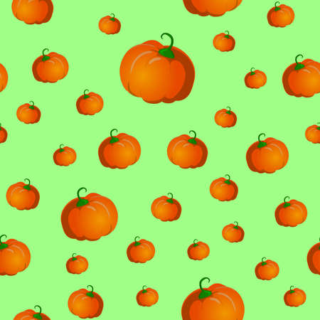 Seamless pattern with pumpkins. Vector illustration on green backgroundのイラスト素材